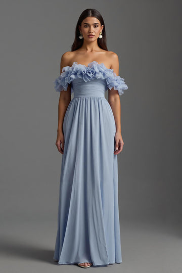 Sky Blue Off The Shoulder A Line Formal Dress with Ruffles